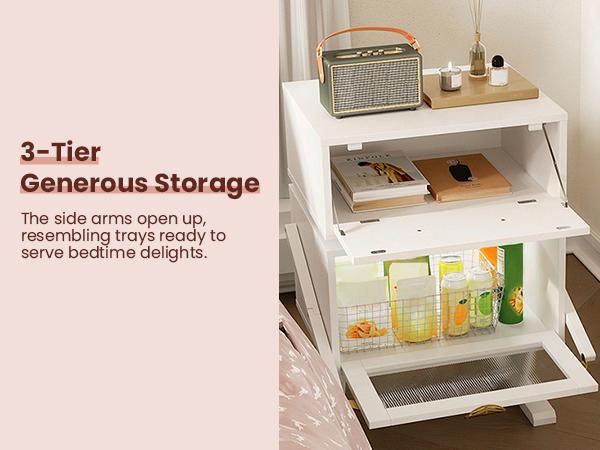 RoyalCraft Robot Nightstand with LED Light Strips, End Table with 360 Degree Rotating Drawer, Modern Design Bedside Table with Glass Door Storage, Wood Cabinet for Bedroom, Home Office Furniture Organize