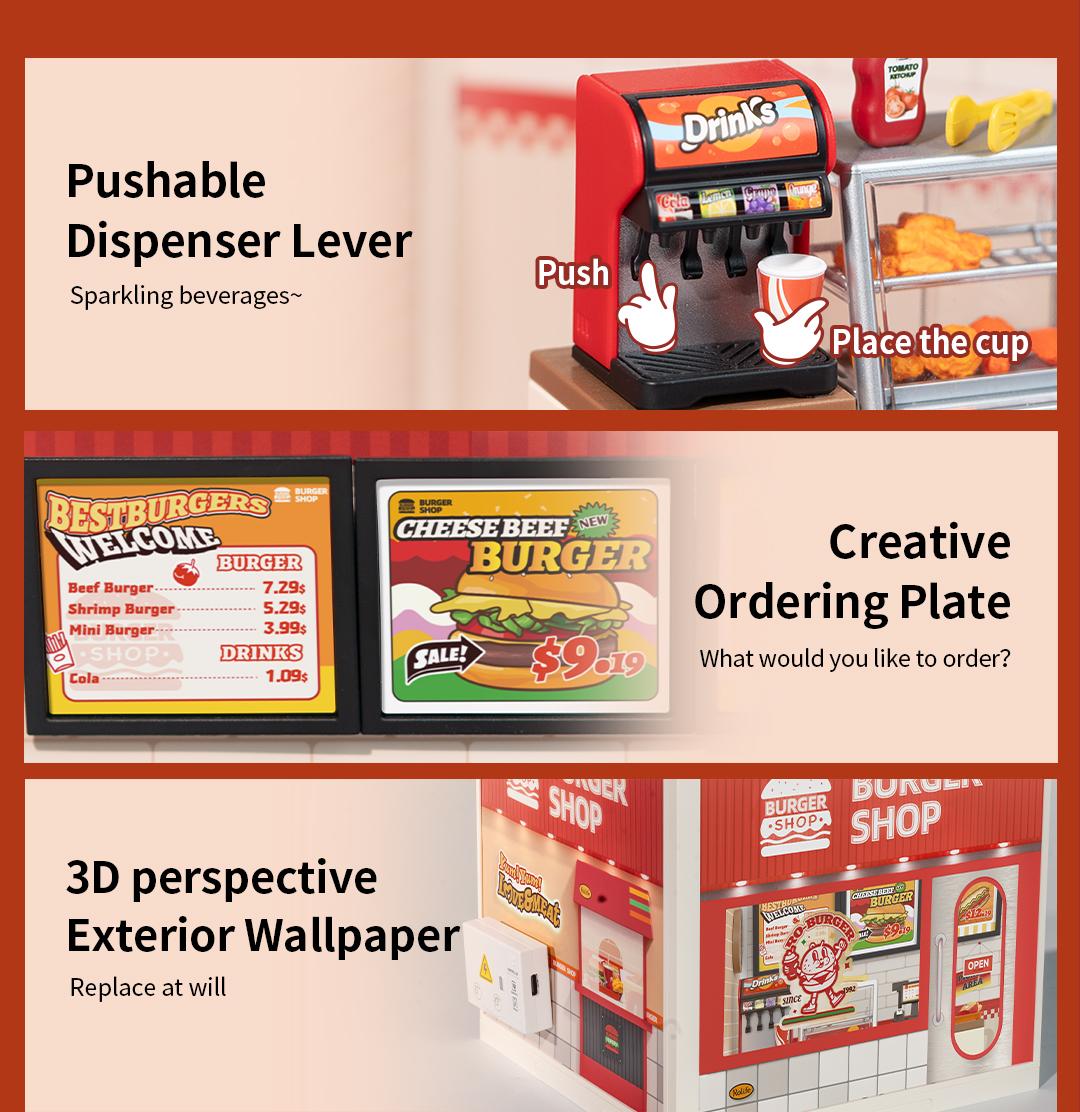 Rolife Yum Yum Burgers DIY Plastic Miniature House DW010 Miniature House Kit DIY Plastic House Building Toy Set with LED Tiny Store Making Kit Model Craft Hobby Unique Gift
