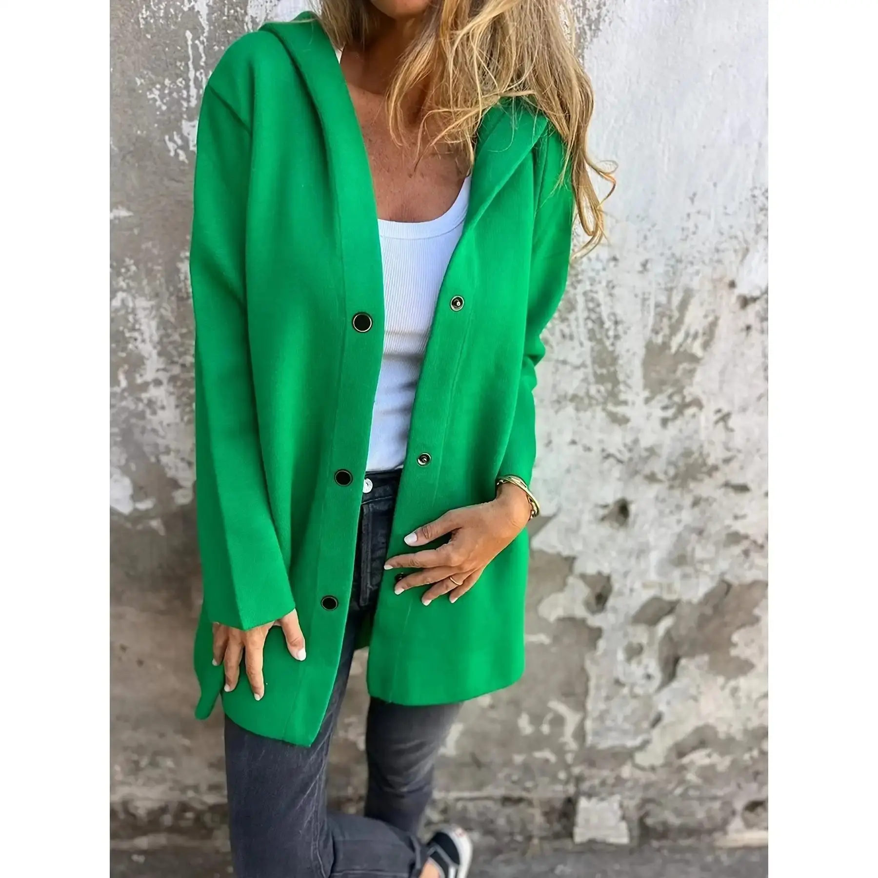 Women's Grey Single-Breasted Hooded Jacket Coat Fitted Long Sleeve Casual Outerwear Basic Minimalist Womenswear Tops
