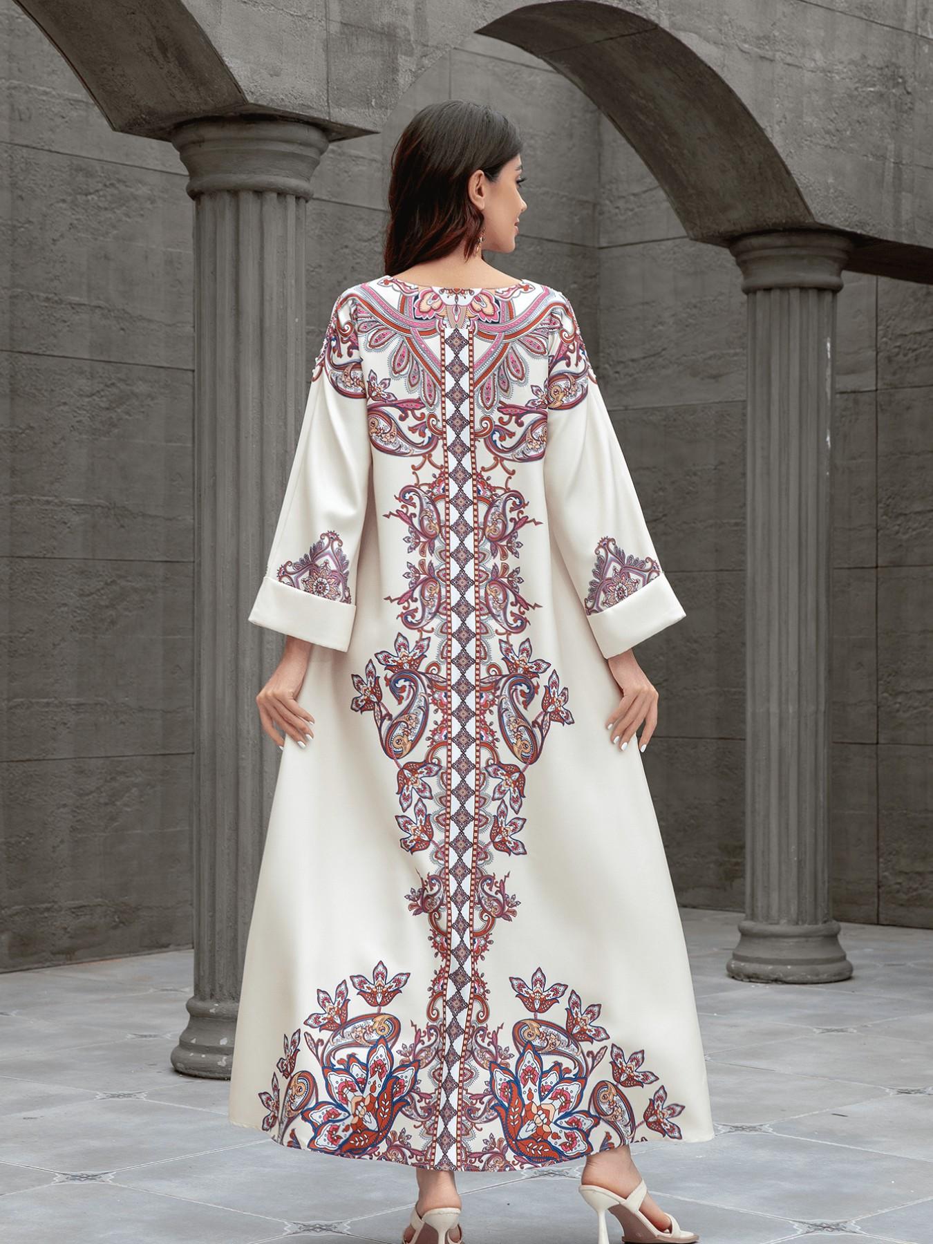 Muslim Women's Elegant Abaya Dress, Long Robe with Printing and Beads, Dubai Export Fashion, Stylish Muslim Clothing