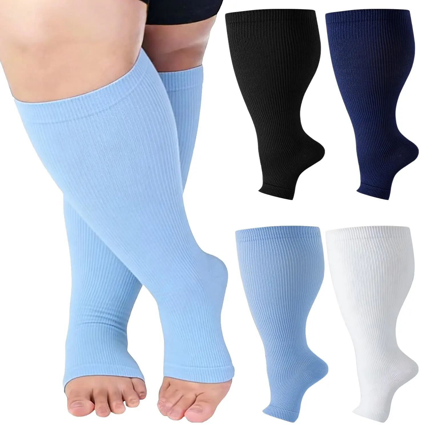 Unisex Plus Size (3XL) Open Toe Knee-High Sports Compression Socks, 15-20mmHg Wide Calf Stretchable Solid Colors Toeless Stockings, Breathable Fabric Graduated Compression for Targeted Relief for Circulatory Issues