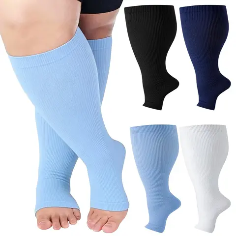 Unisex Plus Size (3XL) Open Toe Knee-High Sports Compression Elastic Socks for Adults, 15-20mmHg Wide Calf Durable Plain Breathable Graduated Stockings for Circulatory Relief, All Seasons