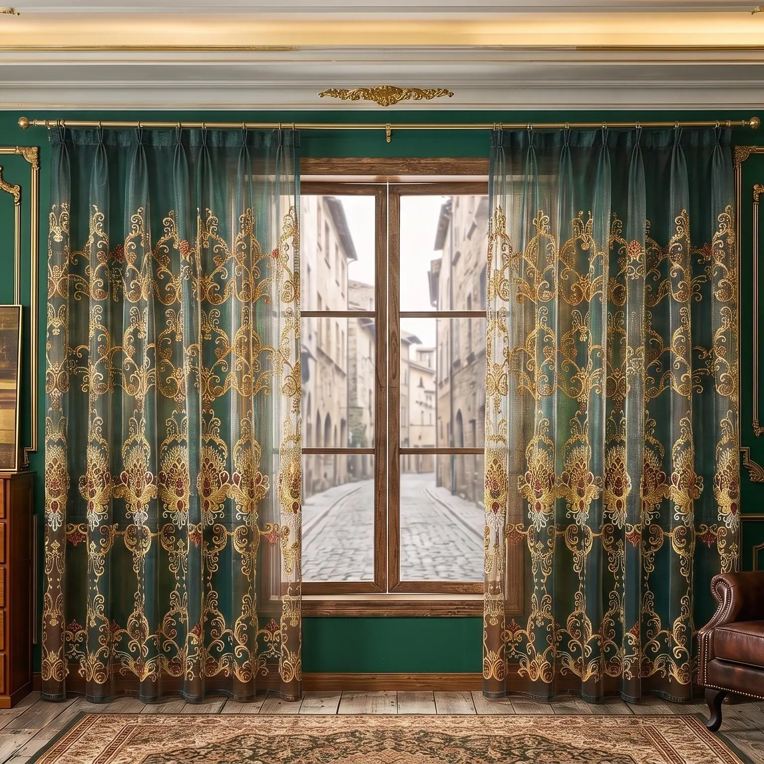 Luxury Look 2-Panel Gold Damask Embroidered Flowers Sheer Fabric Polyester Curtains - Dark Green Breathable Baroque Voile Drapes for Bedroom, Living Room Room Decor