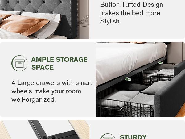 MUTICOR Storage Bed frame with 4 Drawers【Frame Only No Mattress】Upholstered Platform Bed with Button Tufted Adjustable Headboard,No Box Spring Needed，Full/King/Queen Bed Frame #TikTokShopBlackFriday #ChristmasGifts