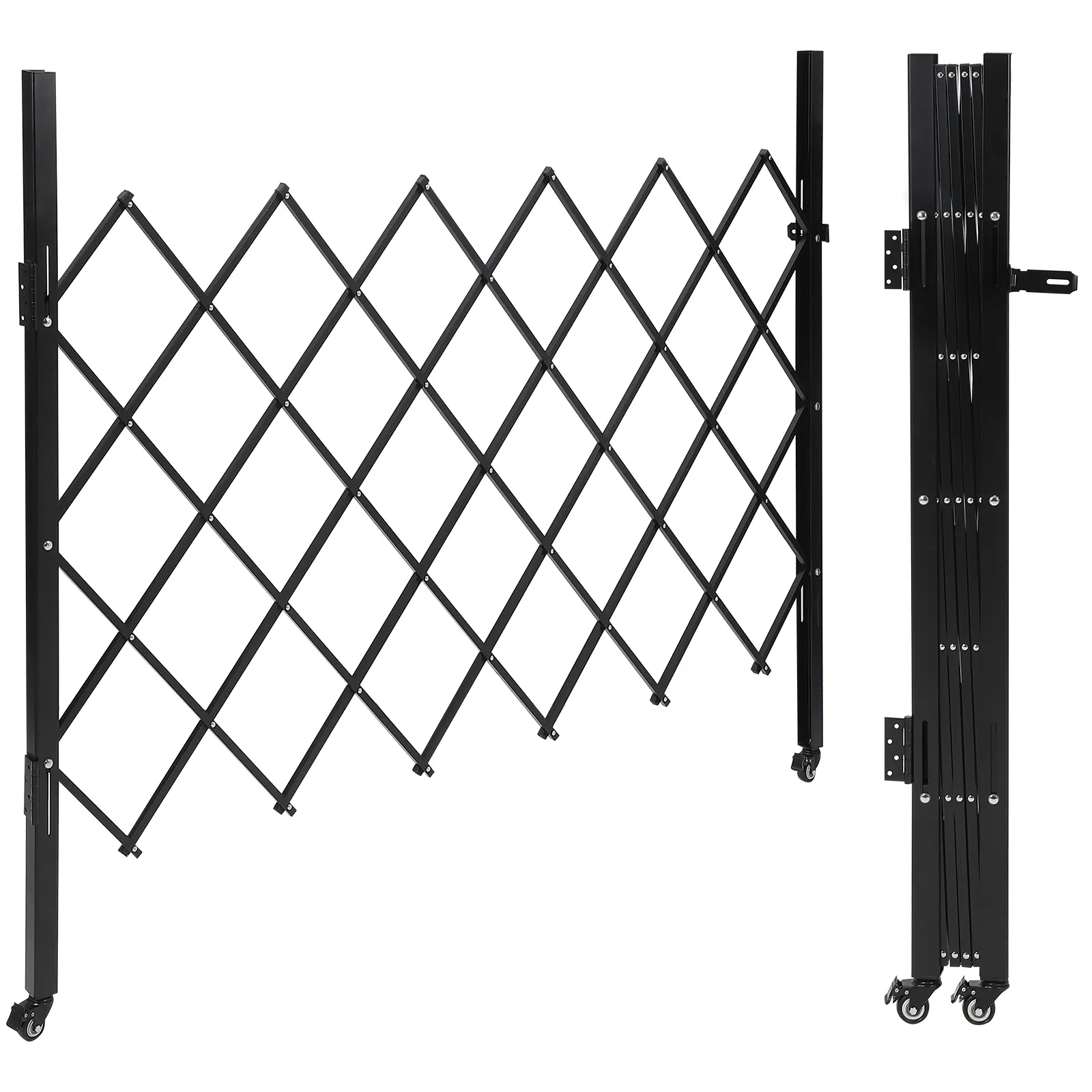 61in H x 71in W 10.5KG  Steel Folding Security Gate Expandable Accordion Door Padlock 360° Wheels Black