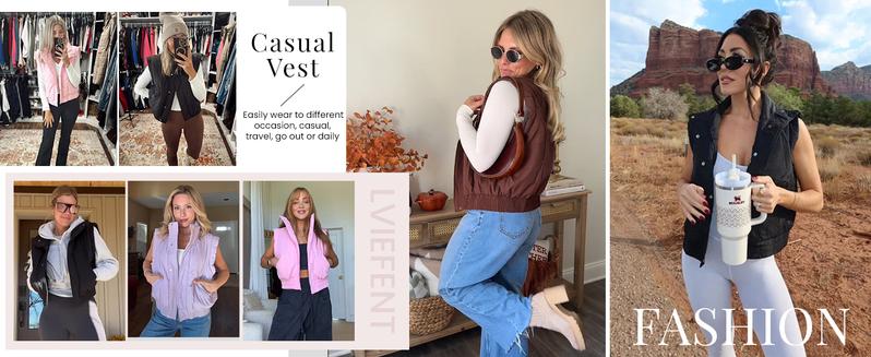 Molitree Women's Puffer Vest Cropped Lightweight Button Down Quilted Vest Sleeveless Padded Gilet Coat with Pockets Black Casual