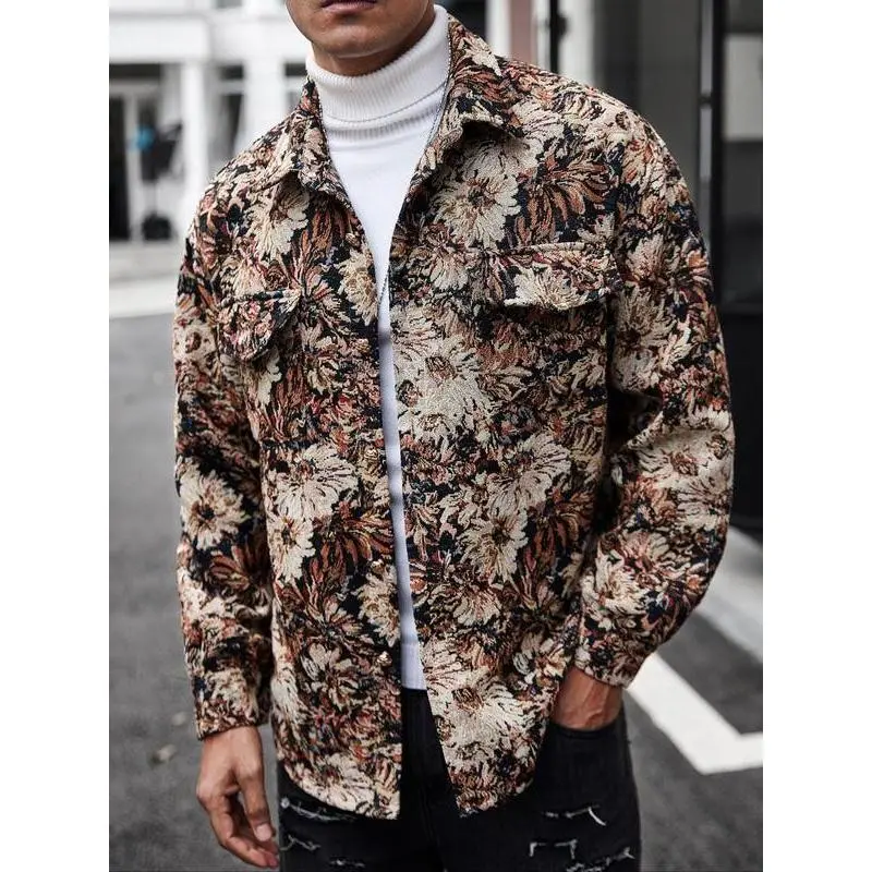 Men's Floral Print Long Sleeve Jacket, Casual Breathable Versatile Casual Coat for Everyday Wear, College Style Outerwear for Men, Floral Jacquard Jacket, Tops