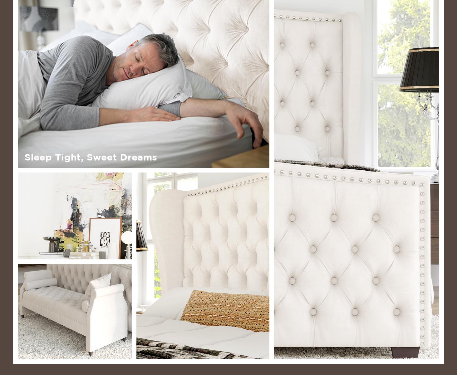 VanAcc Luxury Bed Frame, Velvet Upholstered Bed with Deep Button Tufted Design& Nailhead Trim Wingback Headboard, Unique Bedroom Furniture, No Box Spring Needed/Durability/KING/QUEEN