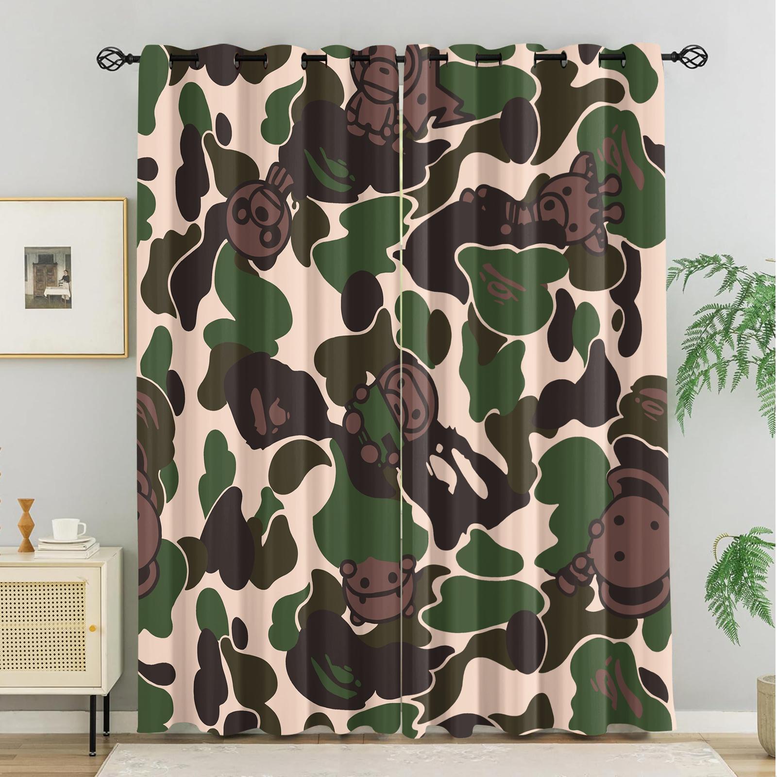2-Pack Camouflage Print Blinds, Bape'S Iconic Ape Head Pattern Blackout Blinds, Grommet Blackout Curtains, Trendy Street-Style Children'S And Teenagers' Bedroom Blinds, Machine Washable, 2-Pack.