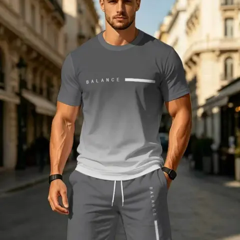Men's Ombre Gradient Letter Signature 3D Digital Full-Body Print T-Shirt + Beach Shorts Set, Casual Round Neck Short Sleeve T-Shirt & Drawstring Shorts Two-Piece Matching Sets, Crewneck, Menswear Clothes