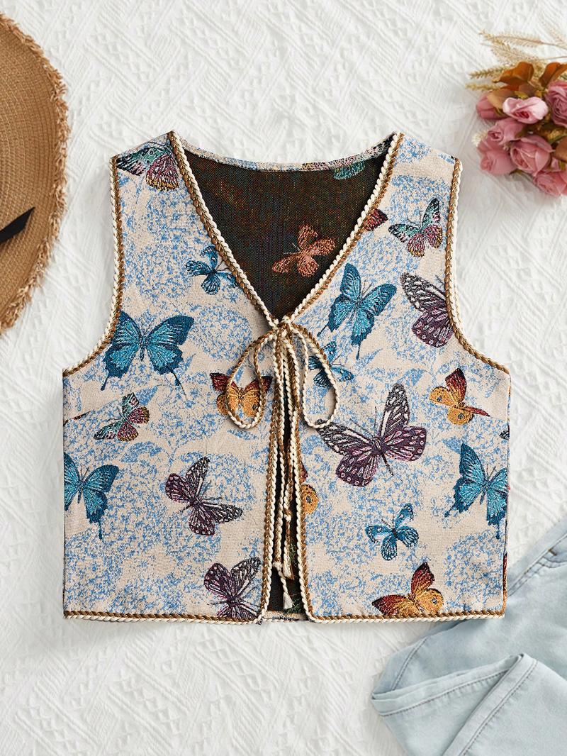 Women's Floral Pattern Tie Front V Neck Vest, Boho Sleeveless Outerwear for Beach Vacation Holiday, Ladies Clothes for All Seasons