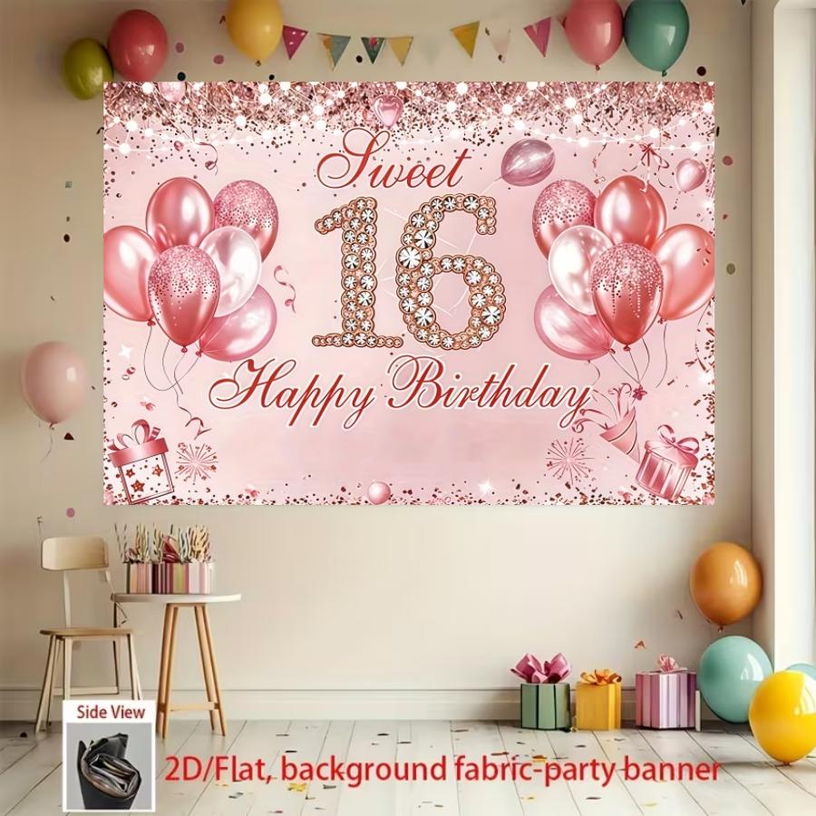 Diamond Sweet 16th Birthday Backdrop Banner, Balloon Sign, Polyester Material, Party Decor, Indoor Outdoor, Gift Idea