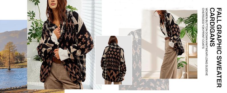 SCUSTY Women's Autumn Sweater Cardigans Graphic Button Down Collar Knitwear Long Sleeves Y2K Oversized Print Coat