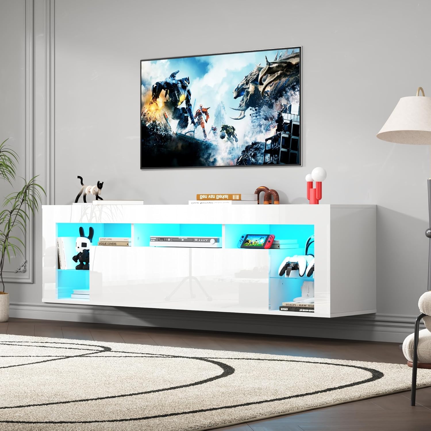 Floating TV Stand for 65/70/75/85 inch inch TV, High Gloss Led Gaming Entertainment Center with Storage and Shelf, Wall Mounted TV Console Table with Lights, White/Black Furniture Living Room Organization Home
