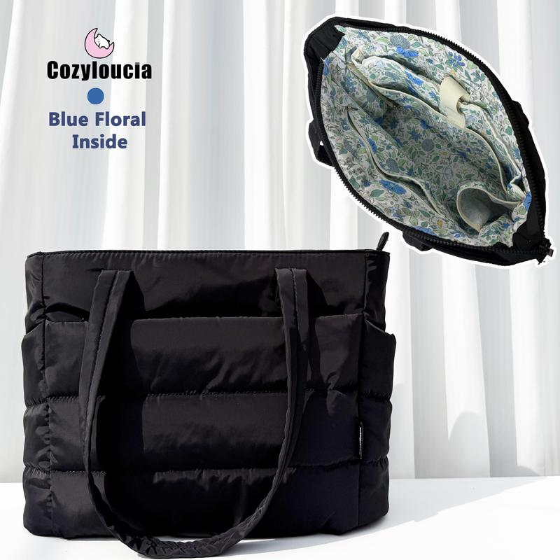 CozyLoucia Cute Puffer Tote Bag for Women Pink Flower Print Interior Laptop Shoulder Handbag, Lightweight Best Tote Bag for Work with Multiple Compartments for Travel , Work  and School ,Christmas Gift Ideas