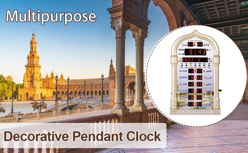 12V Azan Mosque Calendar Muslim Prayer Wall Clock Alarm Islamic Mosque Azan Calendar Ramadan Home Decor Religious Ornaments with Remote Control golden Plastic