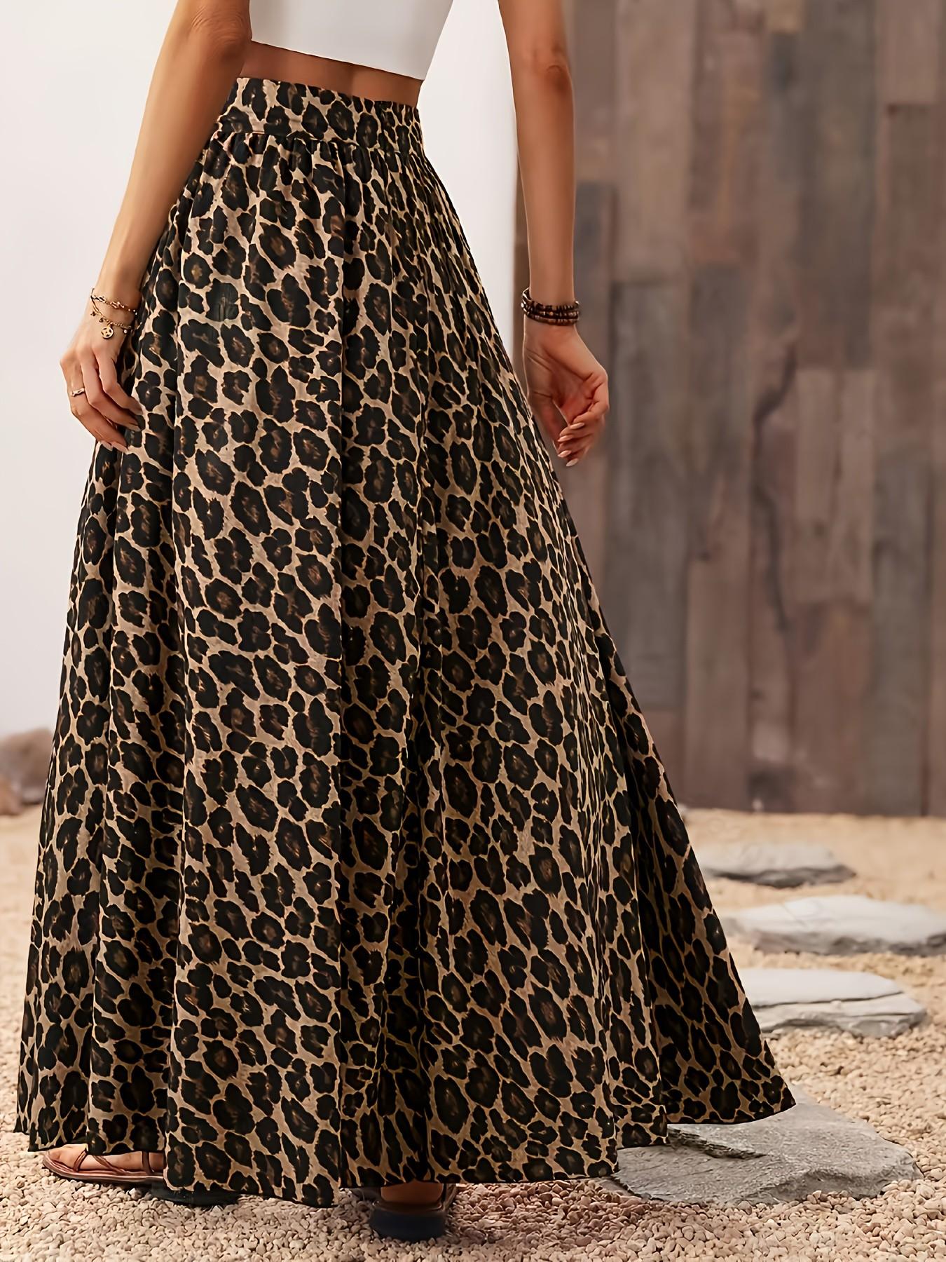 Trendy Leopard Print Floor-Length Dress, Women's Summer Casual Elastic Waist Flowing Long Midi Skirt, Stylish and Comfortable