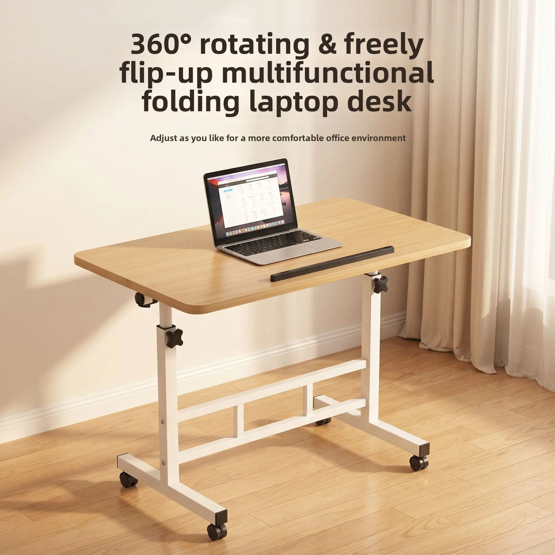 Mobile Adjustable Laptop Desk, Rolling Computer Table with Flip Top, Height Adjustable Bedside Table for Home Office & Bedroom