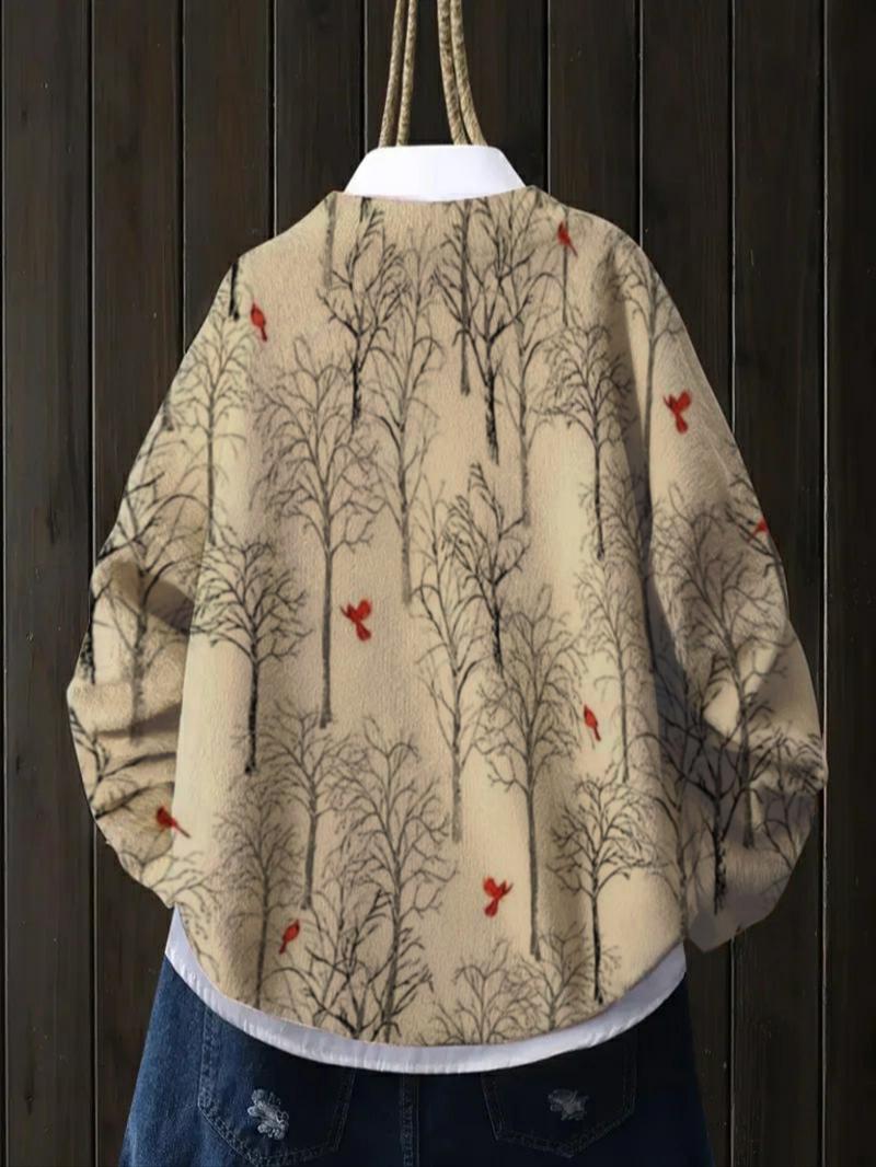 Women's Tree Landscape Print Stand Collar Sweater, Fall Winter Casual Long Sleeve Knitwear, Comfortable Warm Daily Wear