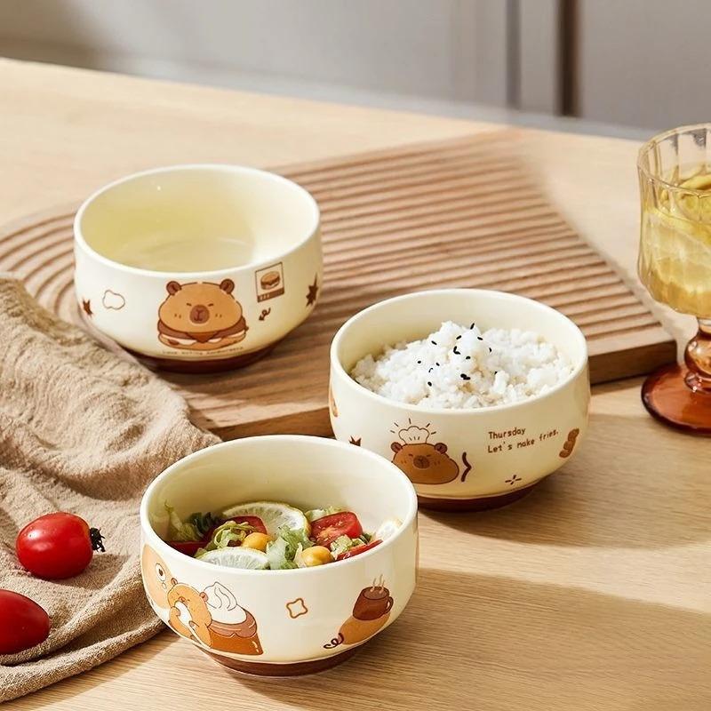 4 Pcs Cute Kapibala Ceramic Bowl Cartoon Anti-scald Soup Bowl Home Kitchen Noodle Ramen Tableware Bowl