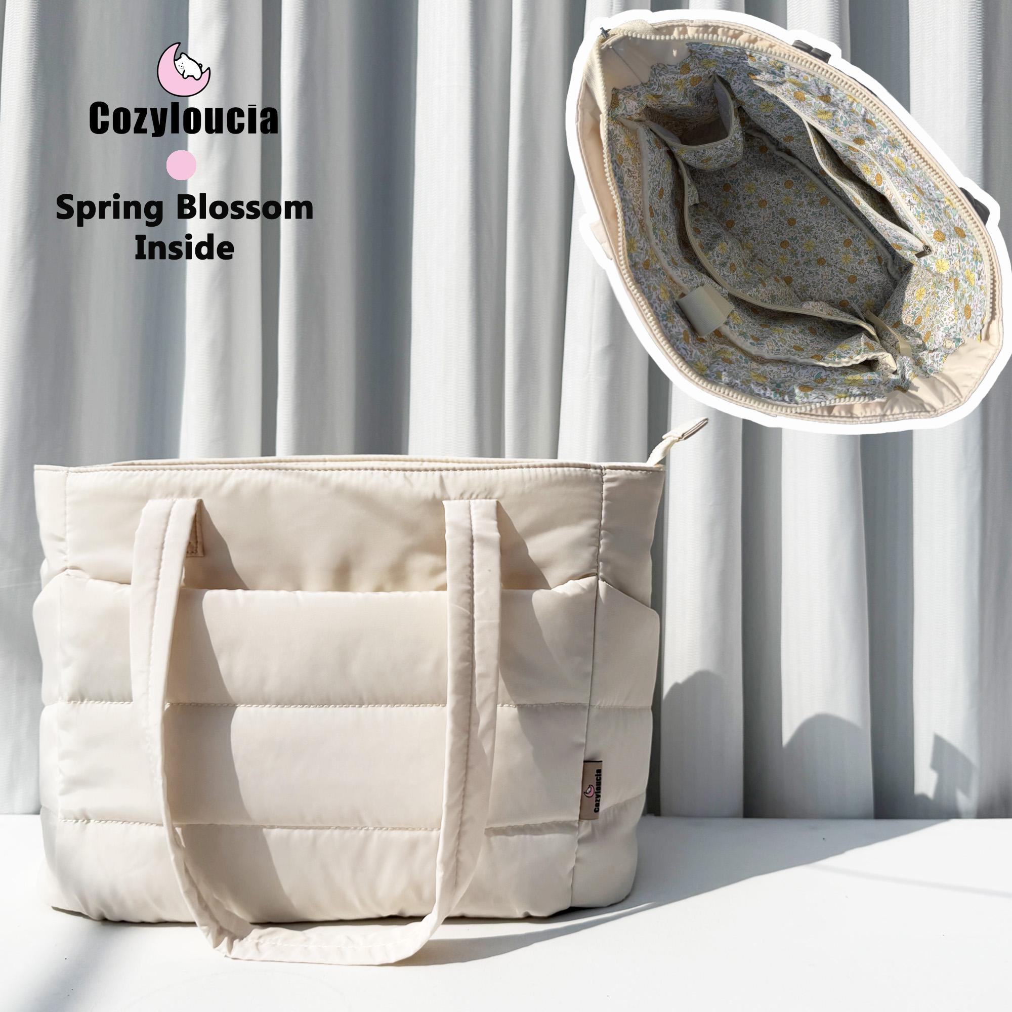 CozyLoucia Cute Puffer Tote Bag for Women Pink Flower Print Interior Laptop Shoulder Handbag, Lightweight Best Tote Bag for Work with Multiple Compartments for Travel , Work  and School ,Christmas Gift Ideas