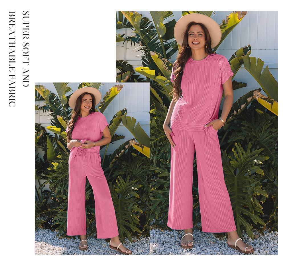 Women's Twisted Ribbed Knit Solid Color Set - Round-neck Short Sleeve T-Shirt & Wide Leg Pants with Side Pockets, Casual Comfy for Summer Daily Wear, Co Ord Sets