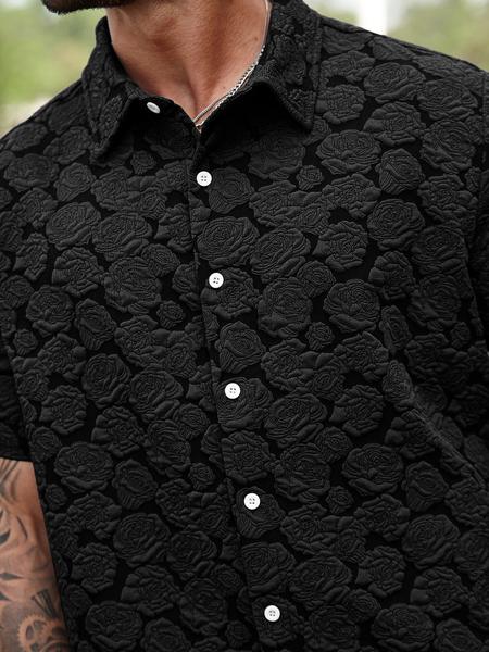 Men's Casual Short Sleeve Shirt with Rose Pattern, Casual Party Shirt, Retro Luxe Textured Coffee Shirt for All Seasons, Great Gift for Boyfriends