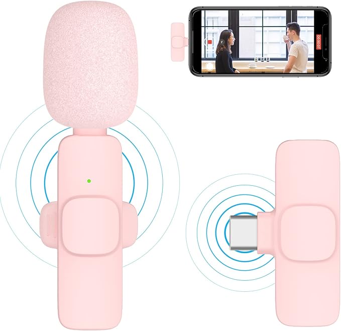 Wireless Lav Microphone for iPhone, iPad, Android, Camera, Mini Microphone, 7-Hour Battery, High Definition Sound Quality for Interview, Video Podcast, Vlog (Pink)