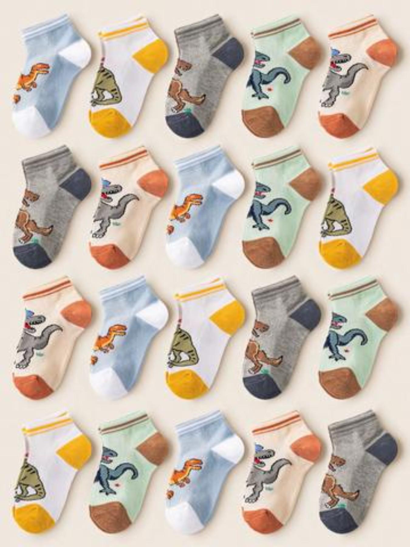 10 Pairs Kids Socks, Spring Summer Mesh Socks, Boy Cartoon Dinosaur Ankle Socks, Soft Comfortable Breathable Short Socks, Casual Daily Wear