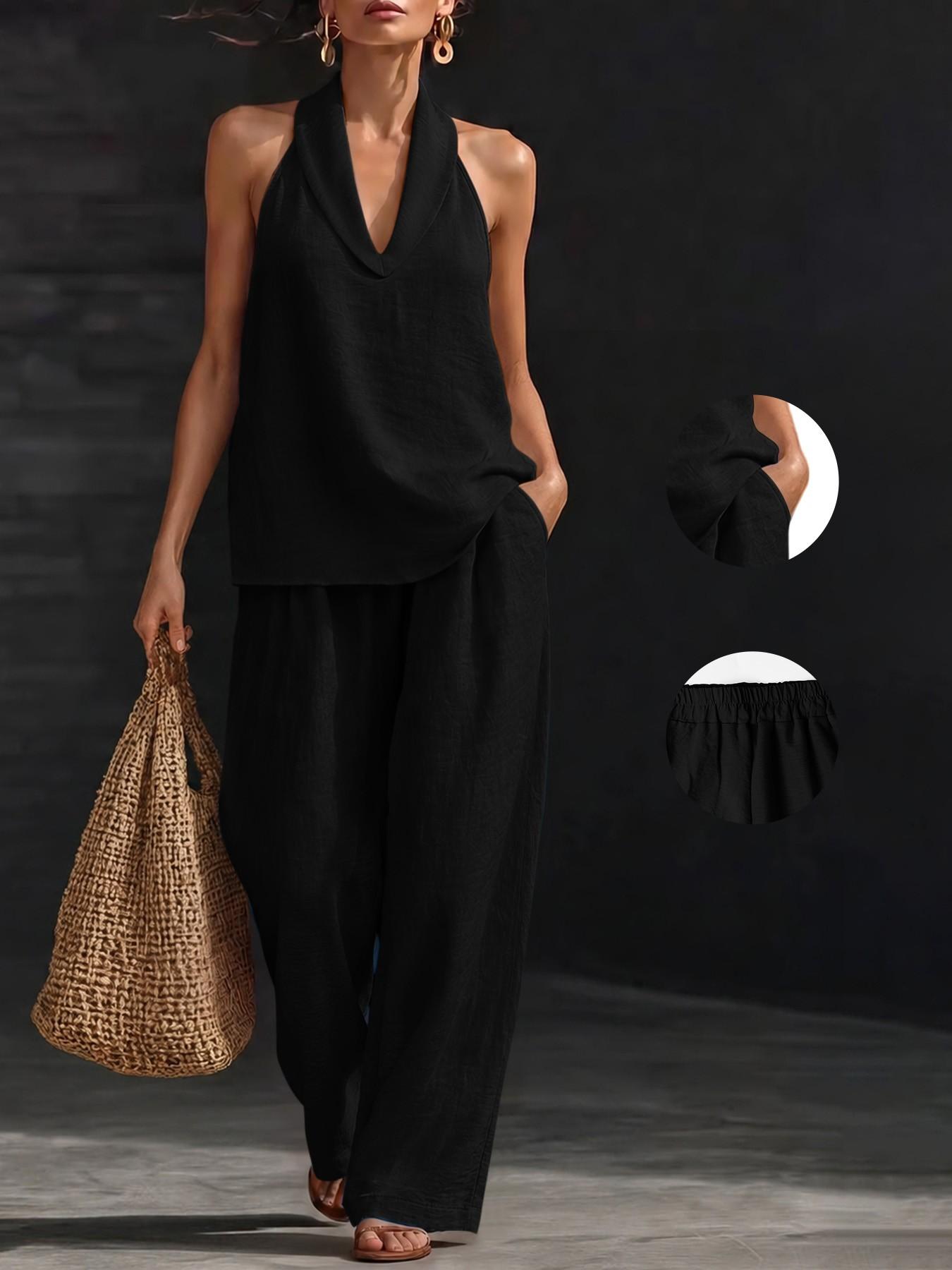 American Retro Co-Ord Set, Deep V Neck Top & High Waist Loose Pants, Lightweight Fabric, Casual Chic Holiday Wear, Streetwear