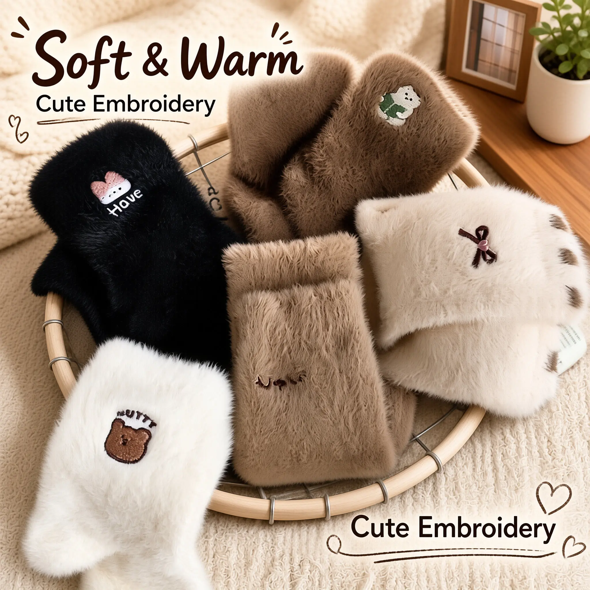 Cute Animal Embroidery Fuzzy Socks for Women, Soft Plush Warm Fluffy Winter Socks, Kawaii Bear Cat Paw Cozy Slipper Socks, Thick Thermal Home Sleeping Socks, Winter Gift for Girls