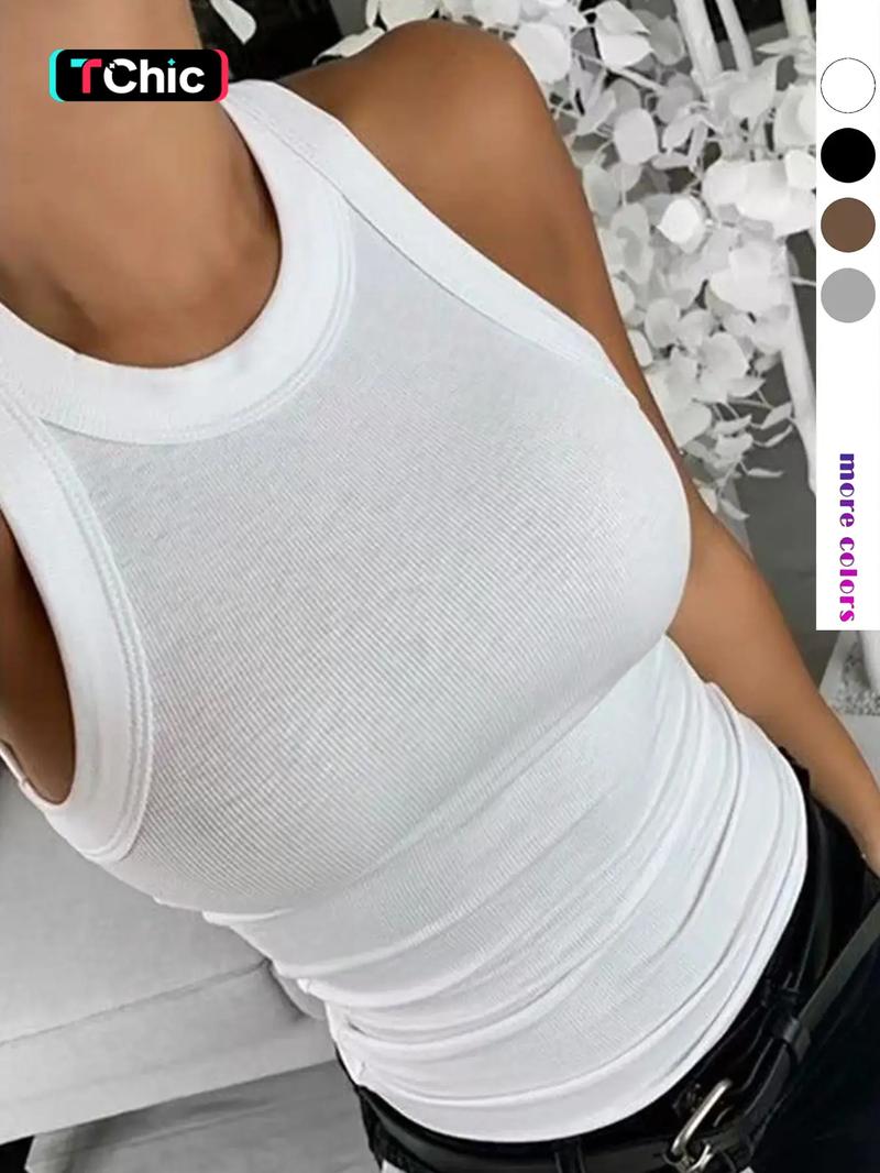 Women's Solid Ribbed Tank Top, Casual Sleeveless Round Neck Top for Daily Wear, Ladies Clothes for All Seasons, Casual Comfy Vest