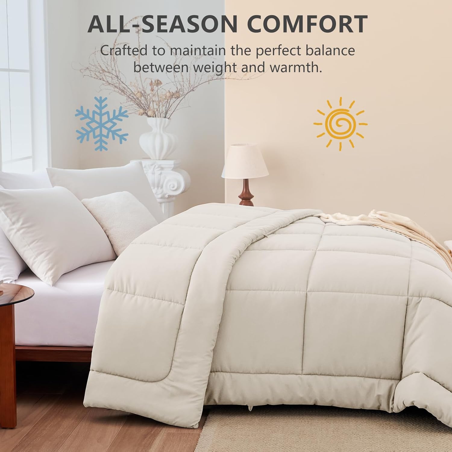 Comforters  Size Duvet Insert Beige,  Season Quilted Bed Comforter, Box Stitched Down Alternative Duvet with 8 Corner Tabs, Gifts for Women Men, 88 x 88 Inches (Beige)