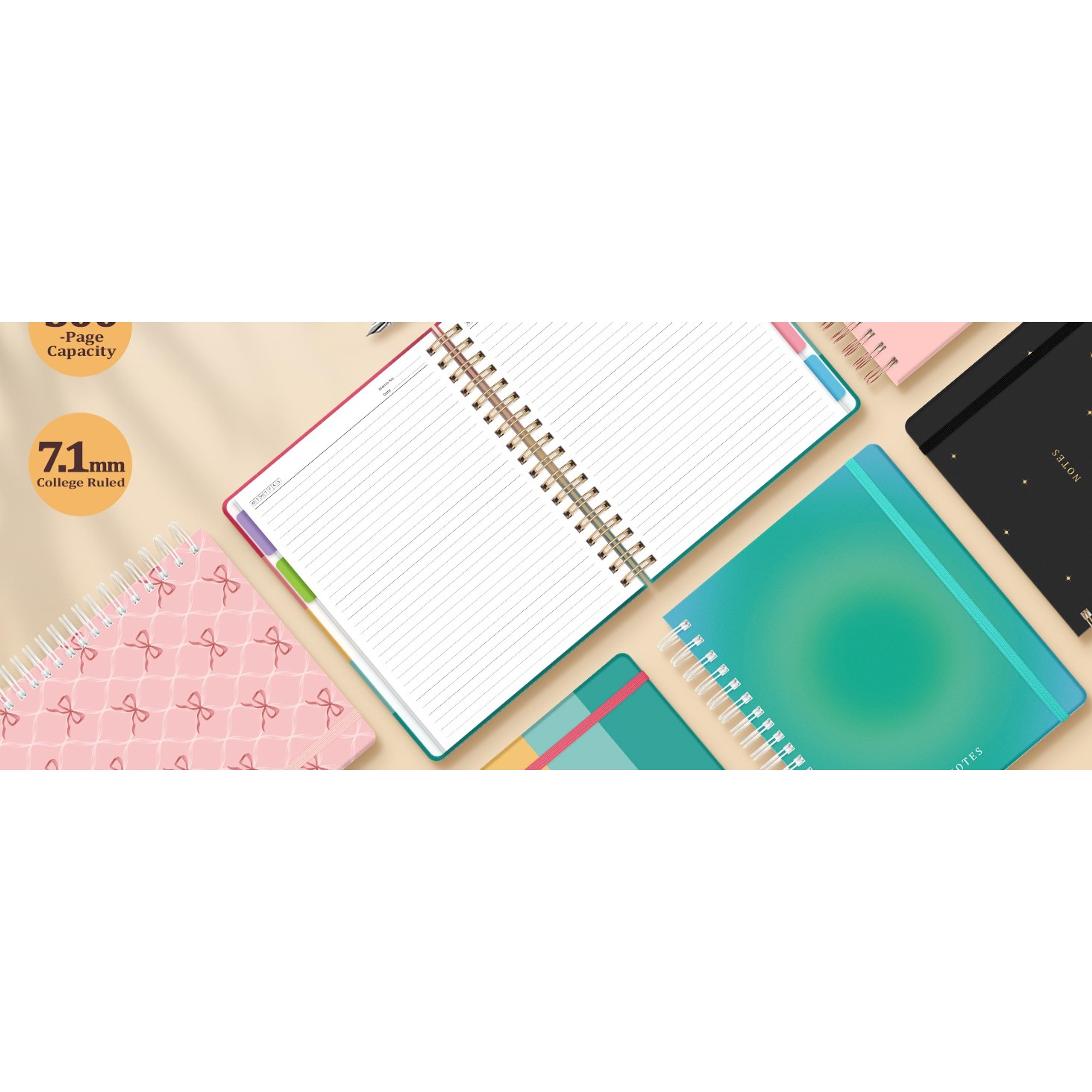 Hardcover Spiral Notebook Journal for Women & Men, Cute 5 Subject Notebook College Ruled for School & Work, Pink Journaling Notebooks with Removable Dividers Tabs, 8" x 10", 300 Pages, Bows