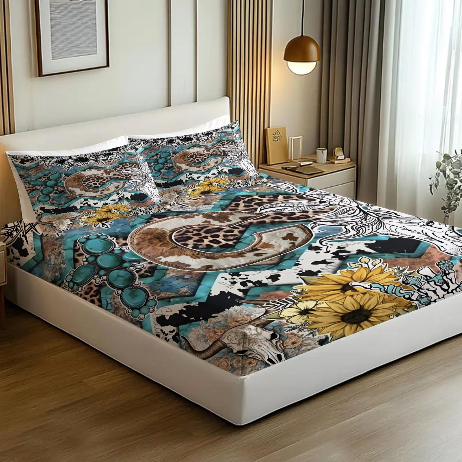 Western Retro Style Patchwork Letter C 3pcs Fitted Sheet Set,Featuring Bull Head, Sunflower,Leopard Print, Cow Print,Abstract Floral Elements Bedding Set,Comfortable Fiber Bed Cover,Perfect  Forclassic Retro  Decor!Includes 2 Pillowcases,No Pillow Core.
