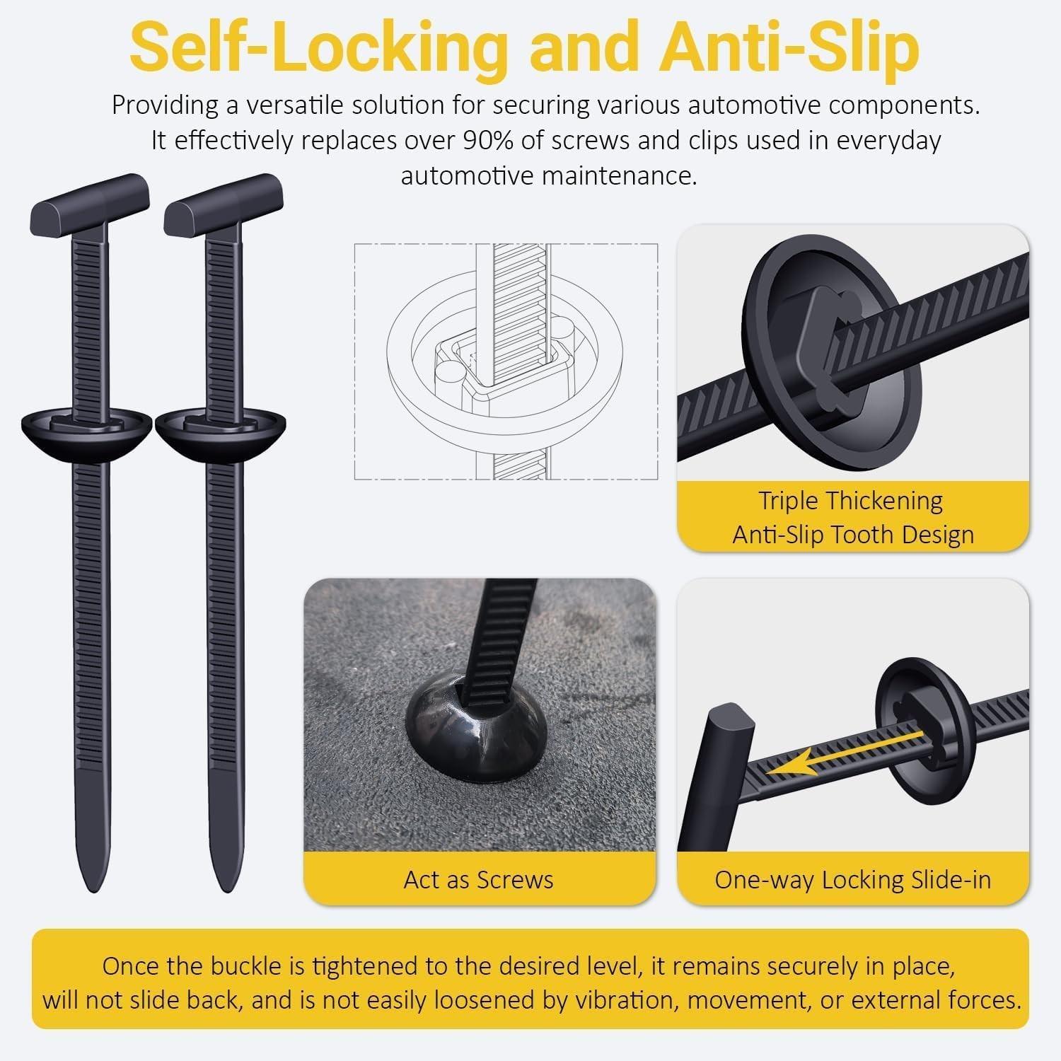 Upgrade Nylon Universal Cable Tie Buckle, for Car Fender Trunk Bumper Repair, Home & Garage Patent Pending, 2026 New Heavy Duty Self-Locking Zip Ties Holder with Pin Button Design