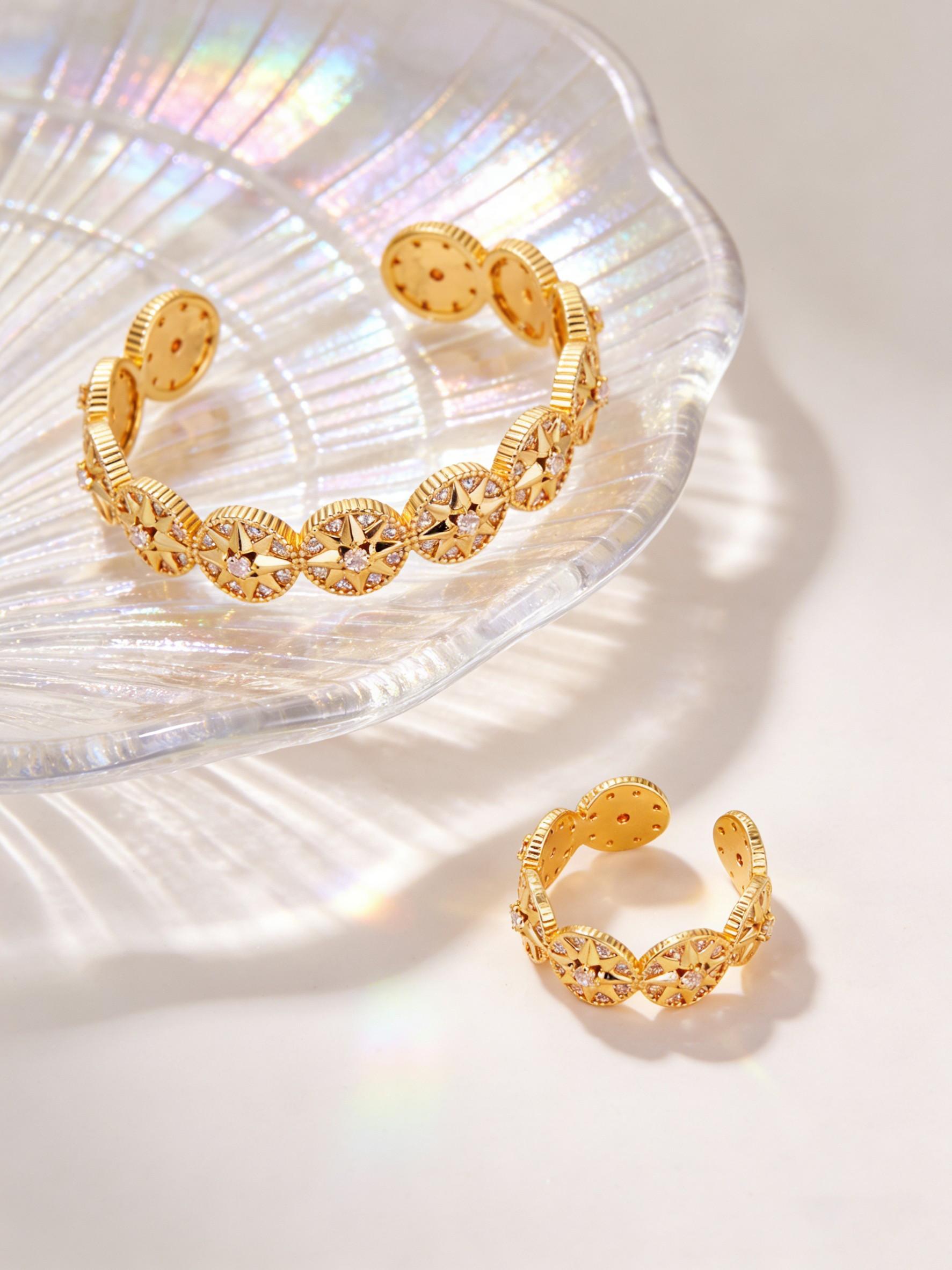 Bangle & Ring Set for Women, Luxury Starburst Cubic Zirconia Open Cuff Bracelet, Gold/Silver 2 Colors Optional, Elegant Jewelry for Office, Commute, Party & Prom