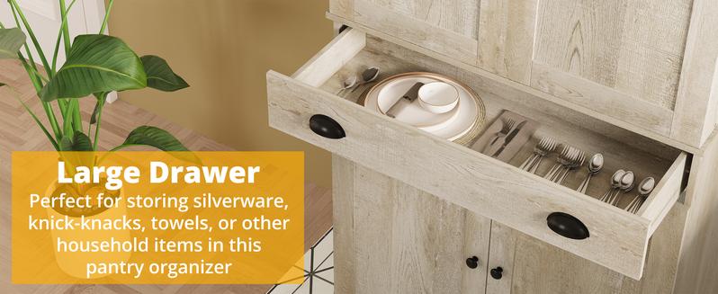 【2 Packages Shipping】IRONCK Kitchen Pantry Cabinet 72" Height, Freestanding Cupboard with Drawer, Sliding Storage Rack, and 6 Hanging Shelves for Dining Room, Laundry, Rustic Maple