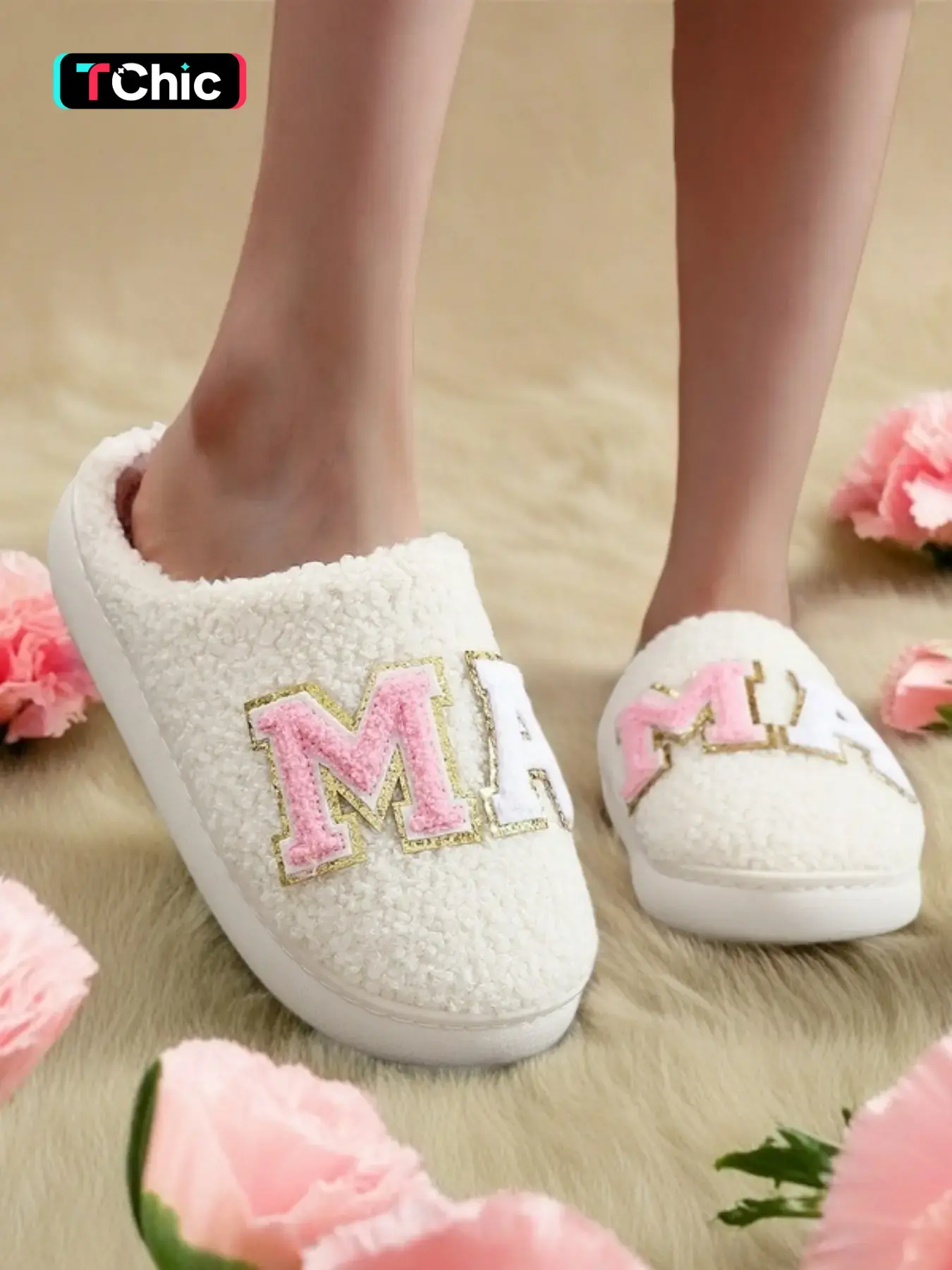 Women's Glitter Letter Pattern Plush Slippers, House Slippers, Soft Comfortable Home Slippers, Bedroom Slippers, Warm Slippers for Indoor & Outdoor Use for Fall & Winter, Thick Sole Slippers, Warm Home Shoes, Thick Soled Slippers
