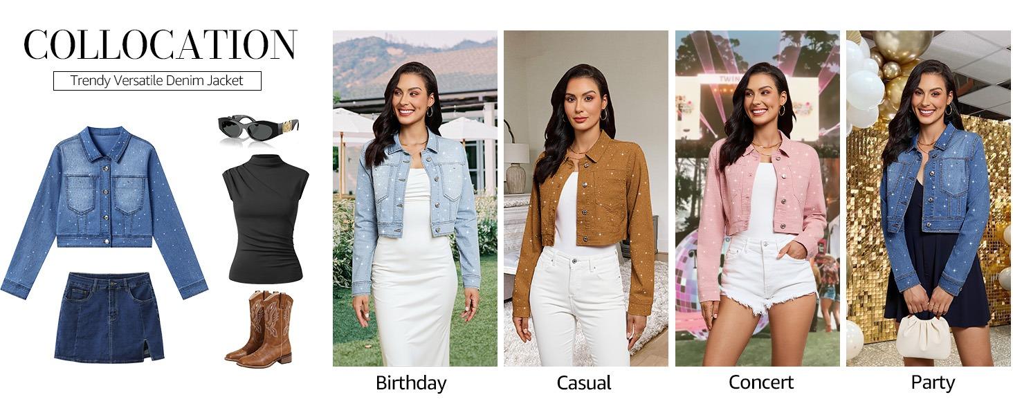 Luvamia Cropped Jean Jacket Women's Trendy Rhinestone Embellished Short Stretchy Trucker Denim Coats with Button Down & Pockets for Daily Essentials - Fit - Chic Clothes Style Elegance