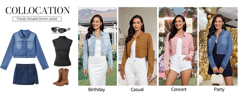 Luvamia Cropped Jean Jacket Women's Trendy Rhinestone Embellished Short Stretchy Trucker Denim Coats with Button Down & Pockets for Daily Essentials - Fit - Chic Clothes Style Elegance