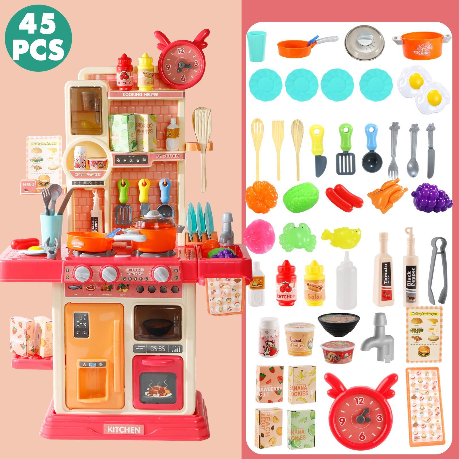Kids Pretend Play Kitchen Set 45PCS – Cooking Toy with Steam Effect, Lights & Sounds, Play Sink, Interactive Role Play Playset, Montessori STEM Educational Toy, Screen-Free Imagination Play for Toddlers Boys Girls Indoor Fun