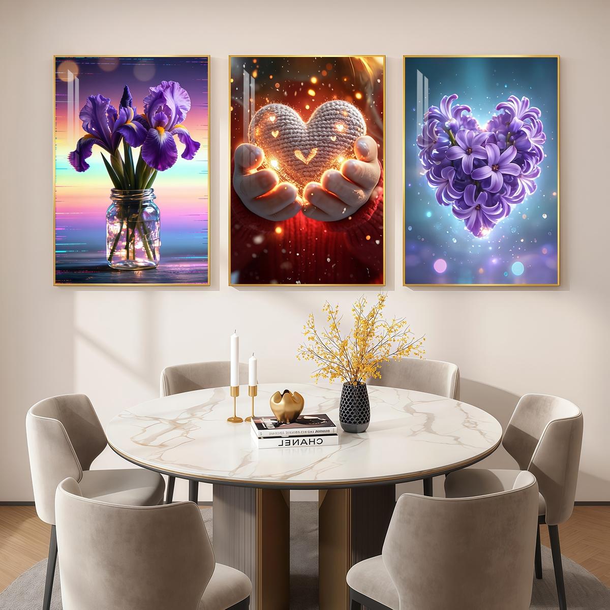 3 Counts Aluminum Alloy Framed Painting, Purple Irises And Glowing Heart Flower Art Pictures, Home Decoration For Living Room, Bedroom, Office, Restaurant, Hallway Wall Decor, Odorless Print Artwork, Luxury Perfect Gift For Friends And Family