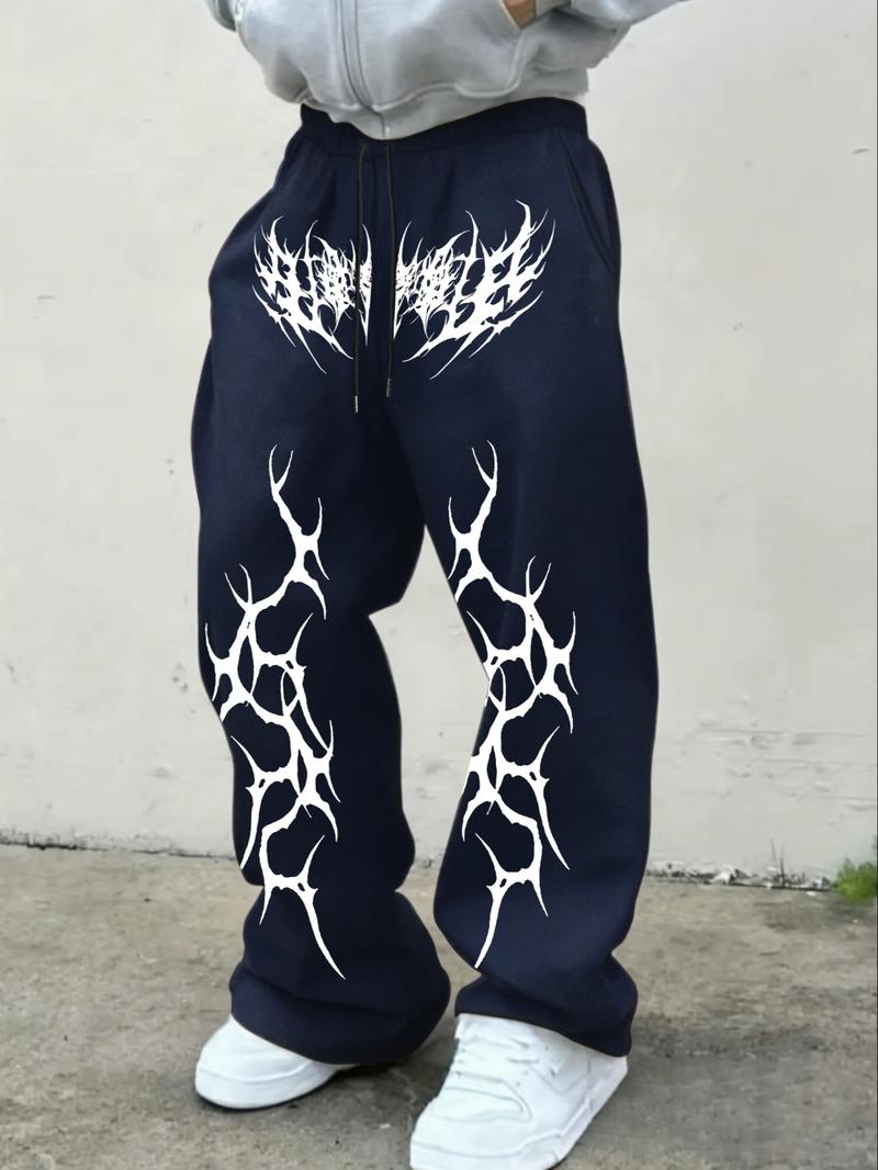 Men's Street Style Loose Fit Sports Pants, Athletics Pants, Gothic Thorn Crack Pattern Wide Leg Casual Trousers, Fall Fashion Kint Fabric