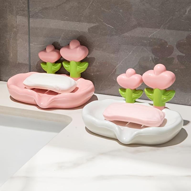 Portable Plastic Flower Soap Dish No Drilling Required Draining Home Bathroom Hotel Sink Soap Container