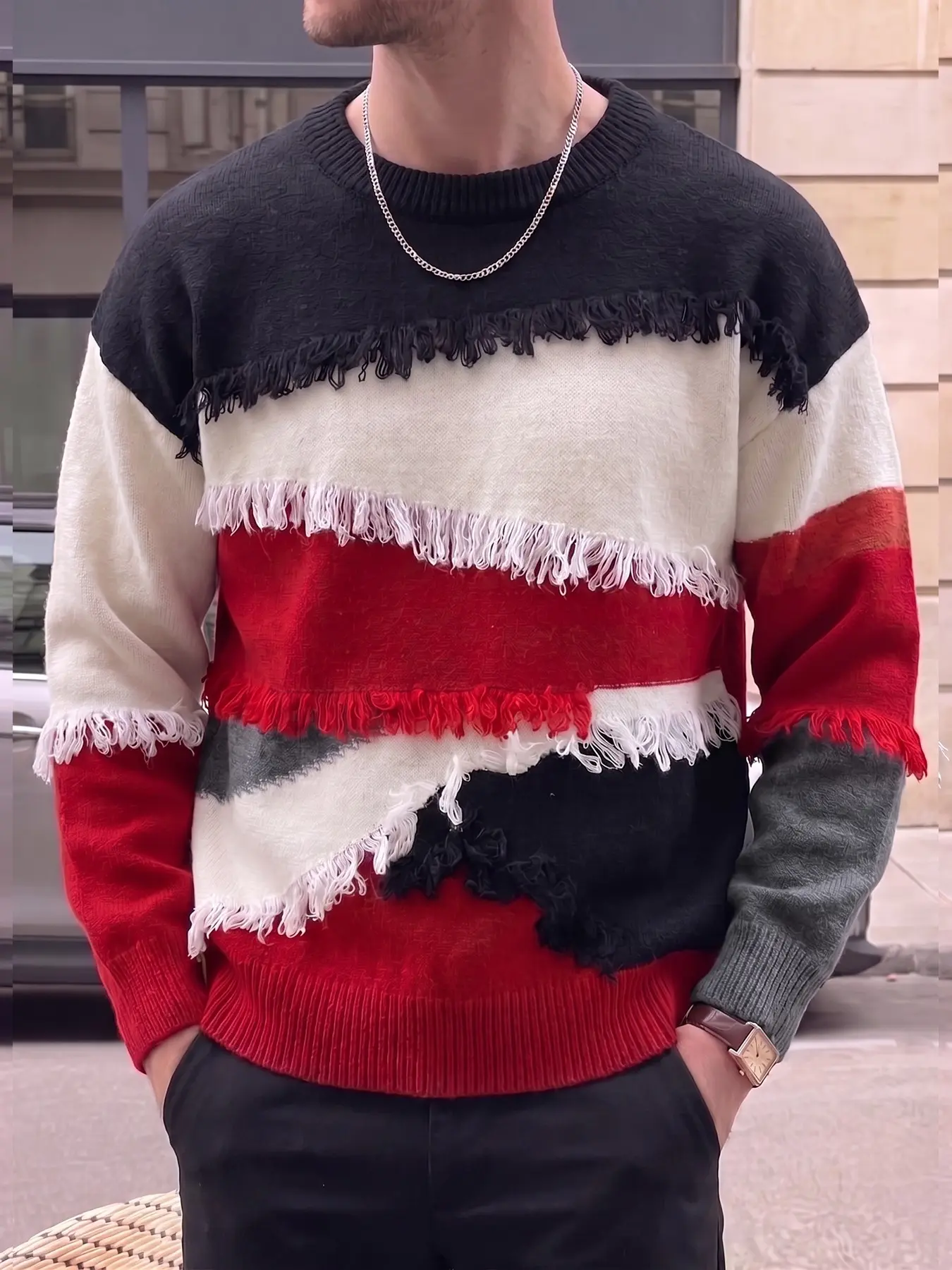 Men's Fall Pullover Sweater Winter Vintage Color block Loose Fit Letter Printed Crew Neck Knitted Sweatshirts, Soft Retro 2000s Casual Warm Tassel Long Sleeve Knit Jumper Back to School Clubwear Halloween Party Outfits