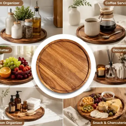 Wooden Round Storage Tray, 1-Piece Multifunctional Desktop Organizer for Bathroom, Bedroom & Living Room