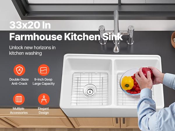 VEVOR 33x20 inch Farmhouse Sink, White Sink Workstation, Fireclay Undermount Basins, Apron Front Double Bowl Basin with Multiple Accessories, Large Capacity Household Dishwasher Sinks for Kitchen