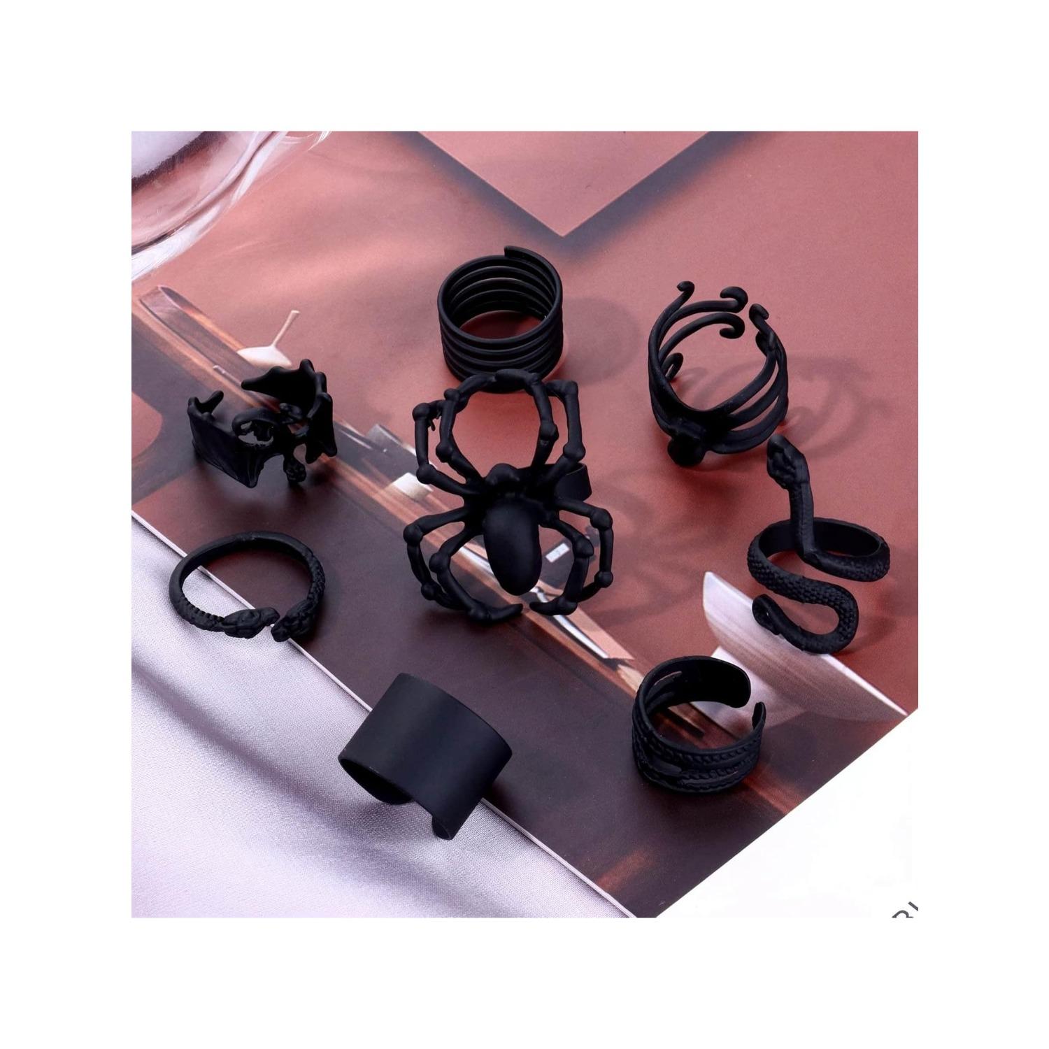 15 Pcs Black Rings Set for Women Girls Snake Bat Devil Wing Spider Rose Cool Punk Gothic Rings Stacking Vintage Midi Black Adjustable Rings