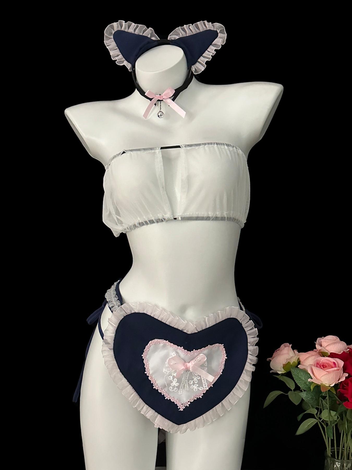 Women's Sexy Underwear Set, Bra, Panties, Apron, Hairband, Sleeve Covers, Neck Ring, Role Play Maid Costume, No Need to Remove Clothing